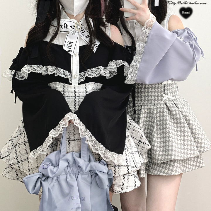 Jirai Kei Skirt Double-layer Skirt Black White Check Skirt 40018:651202