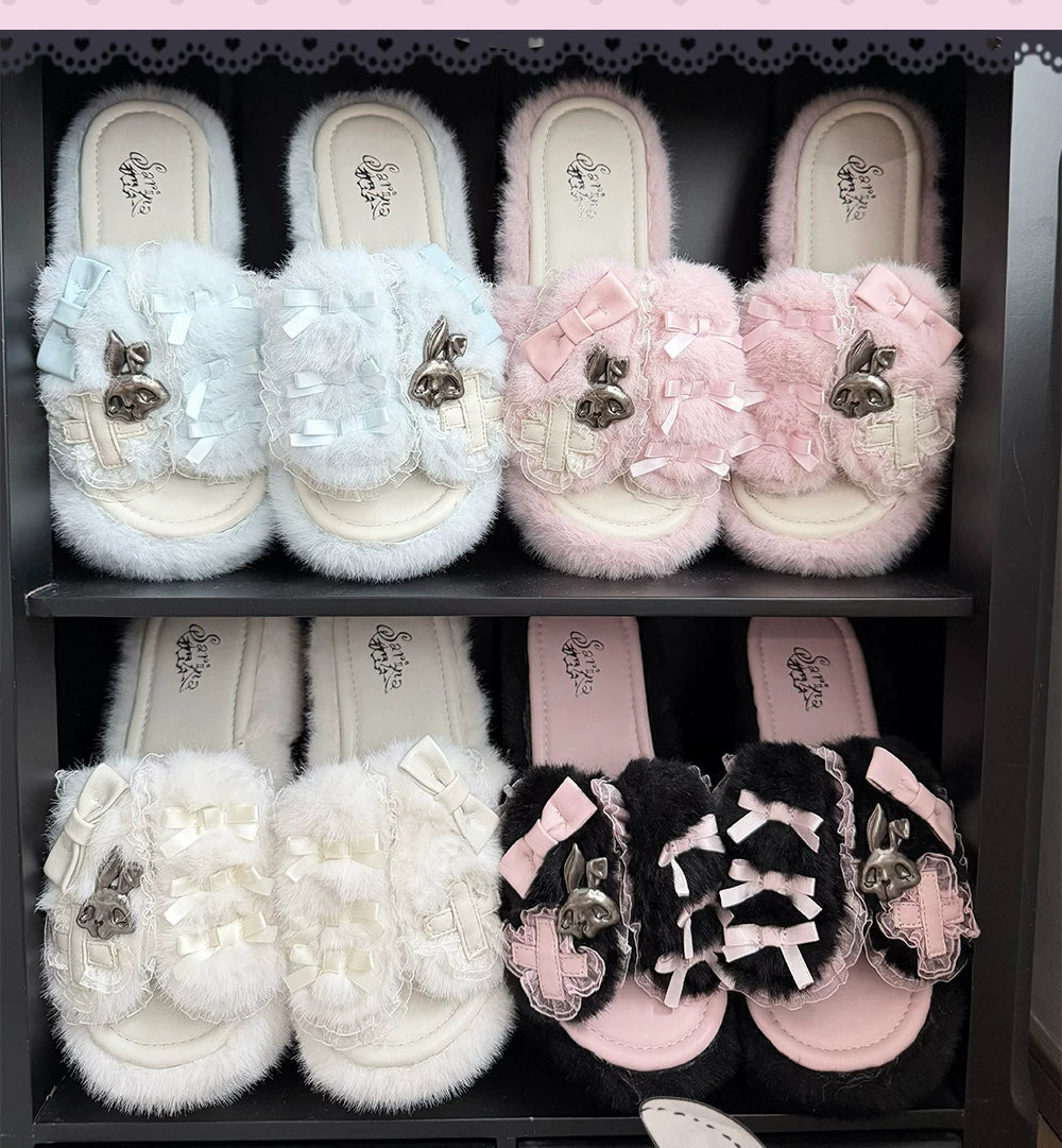Jirai Kei Platform Wedge Slippers, Bunny Ears & Cross 46071:875418