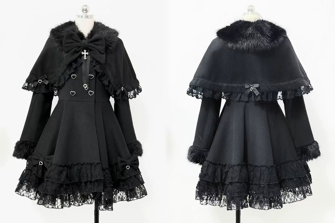 Winter Jirai Kei Coat With Detachable Cape Lace Trim Coat (Black / L M S) 41574:705062