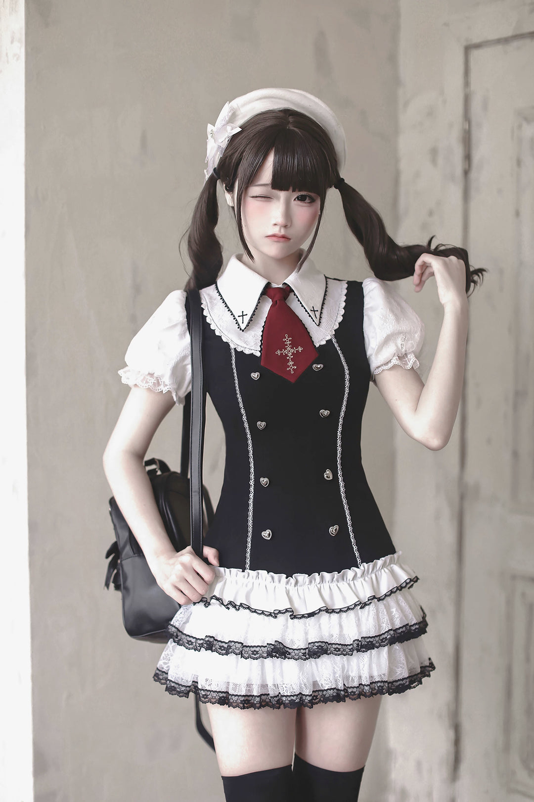 Preppy Style Low-Waist Dress Set, Cross Details 44746:823820