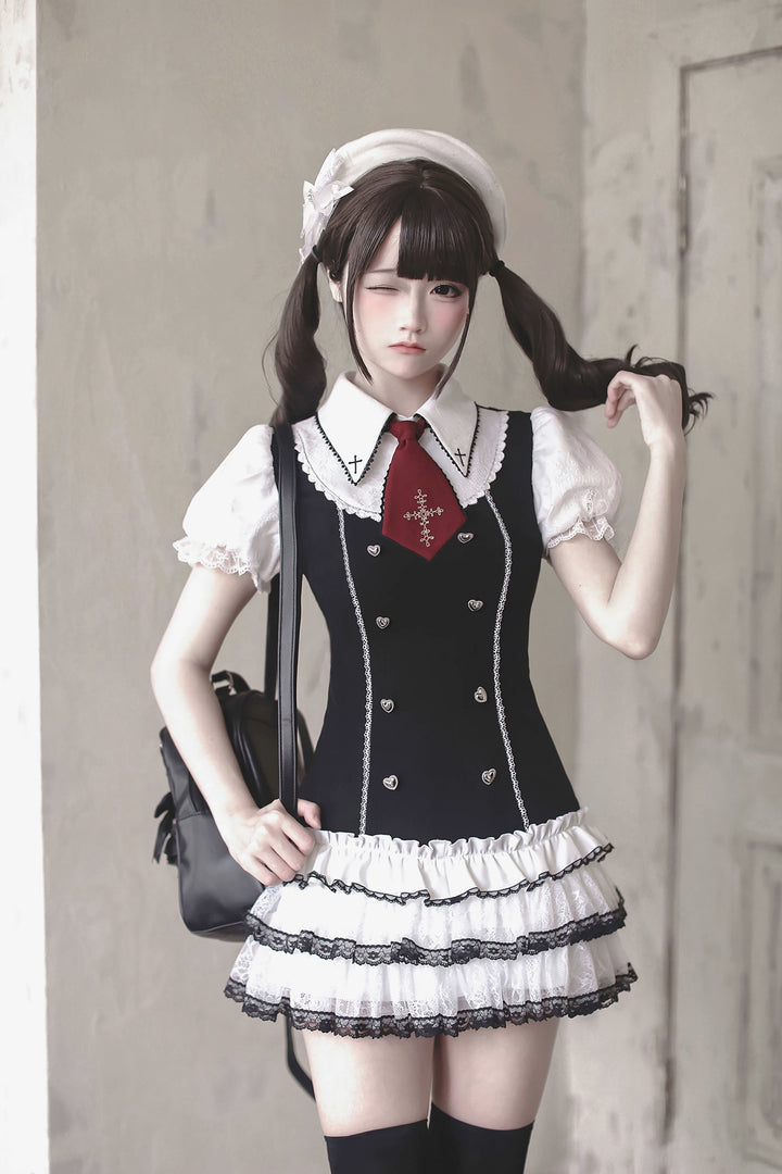 Preppy Style Low-Waist Dress Set, Cross Details 44746:823820