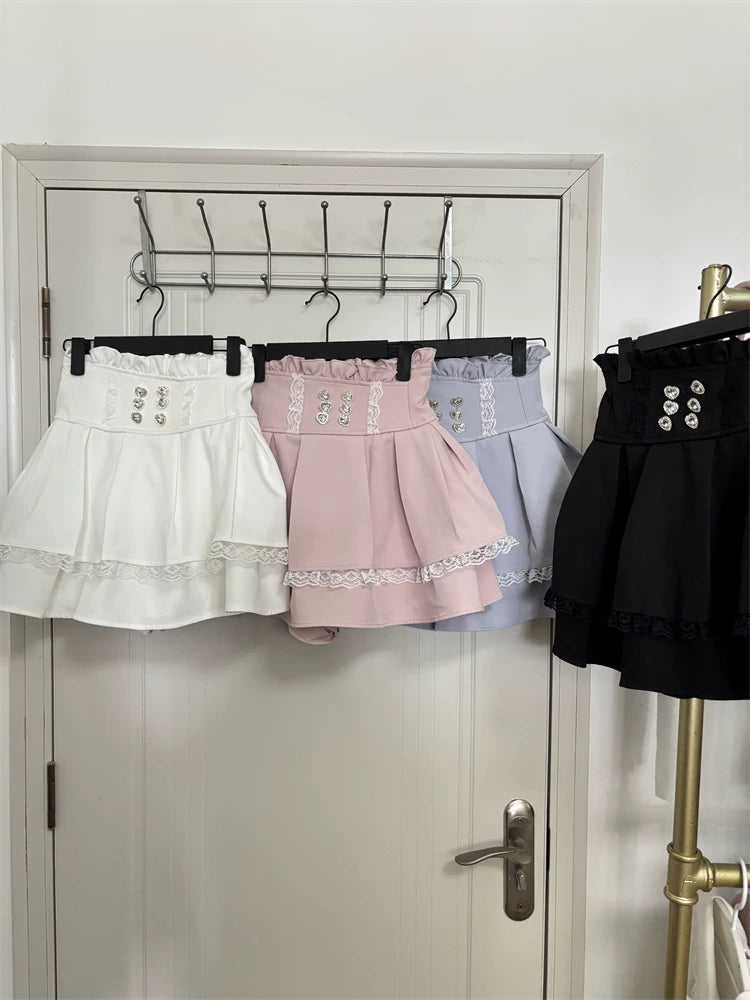 Jirai Kei High-Waist Skirt, Double Layered Lace Hem 45425:848567