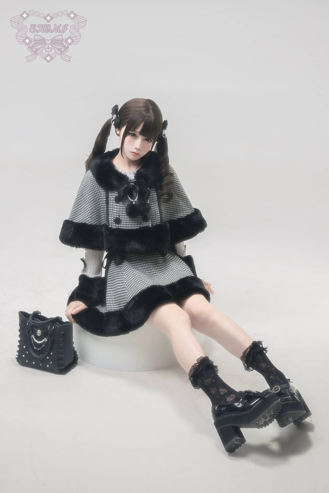 Houndstooth Jirai Kei Plush Cape, High-Waisted Skirt 44591:814675