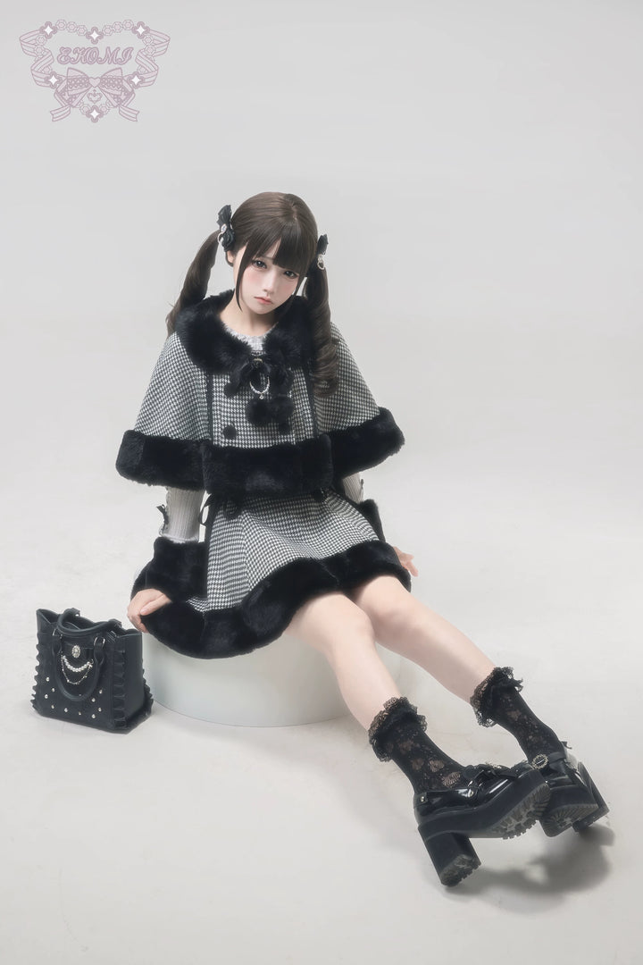 Houndstooth Jirai Kei Plush Cape, High-Waisted Skirt 44591:814675