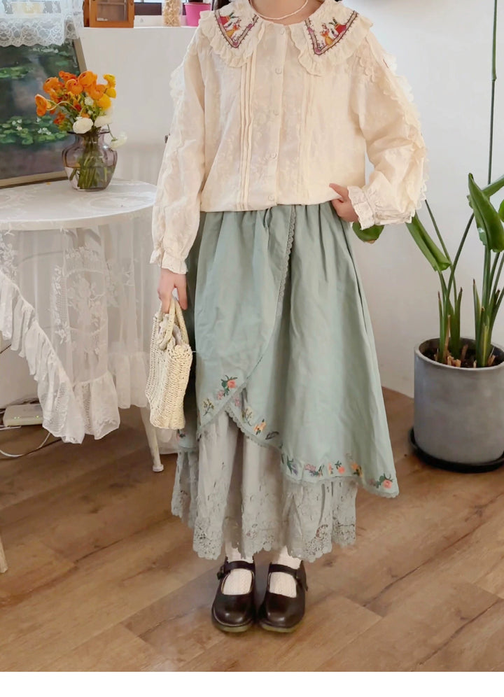 Mori Kei Skirt Sweet Retro Linen Embroidered Long Skirt 41802:714114