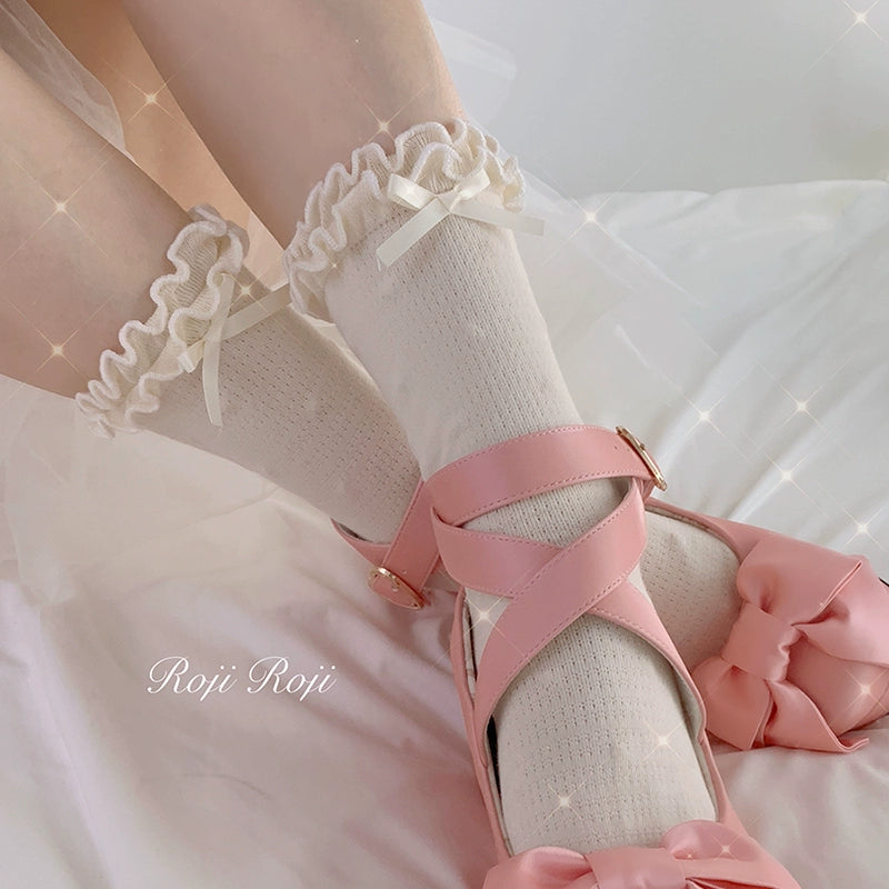 Lolita Socks Double Ruffle Trim Socks Bow Mid-Calf Socks 36566:610086