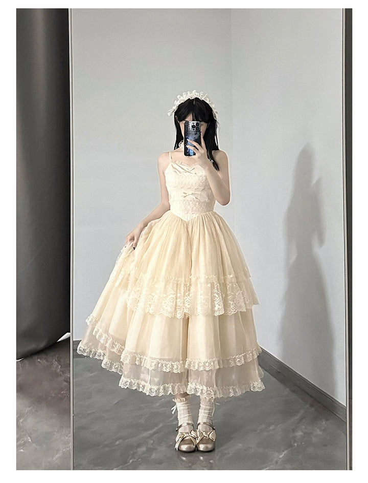 Classic Lolita Dress With Large Flounce Hem And Beige Puff Sleeves Shirt 38068:608708