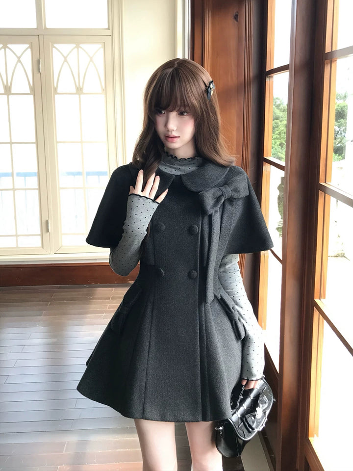 Autumn Cape Style Waist-Cinched Coat, Polka Dot Blouse 46011:872034