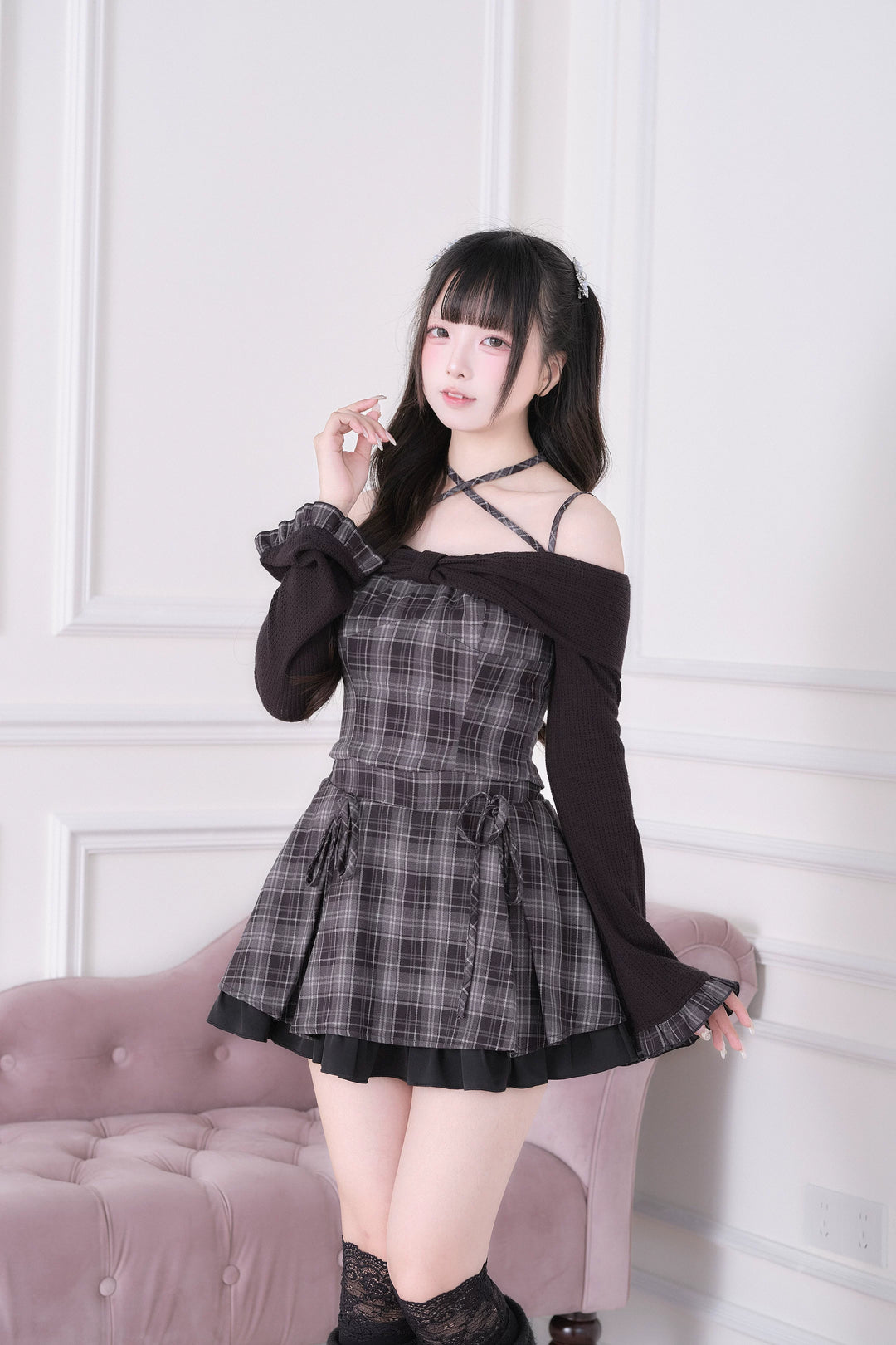 Jirai Kei Plaid Top and Skirt Set, Halter Neckline (Black / M S) 44814:822661