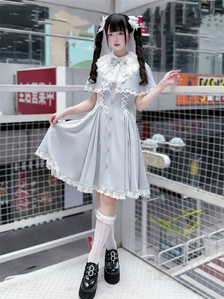 Ryousangata Cape Layered Dress, White & Blue 45573:853434