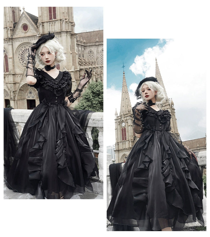 Classic Lolita Dress V-neck Lace Short Sleeve Daily Lolita Dress 37254:616628