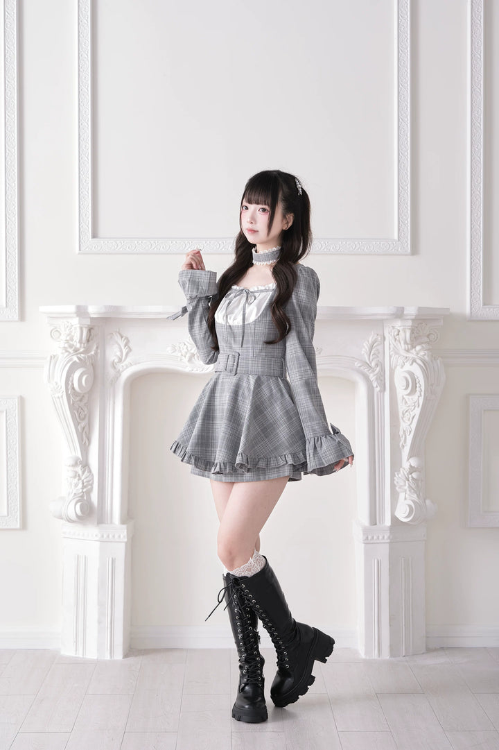 Jirai Kei Plaid Dress and Shorts Set, Lace Trim Choker 44689:819261