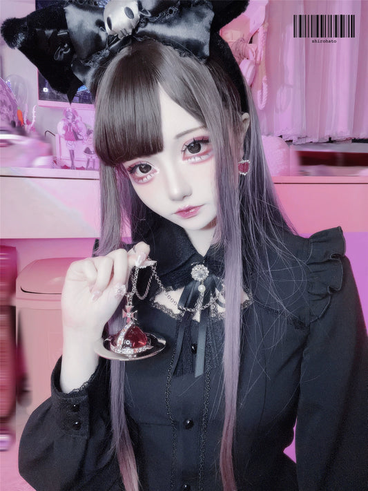 Jirai Kei Dress Set Black Wine Red Lace Trims Long Sleeve Set 35308:492880