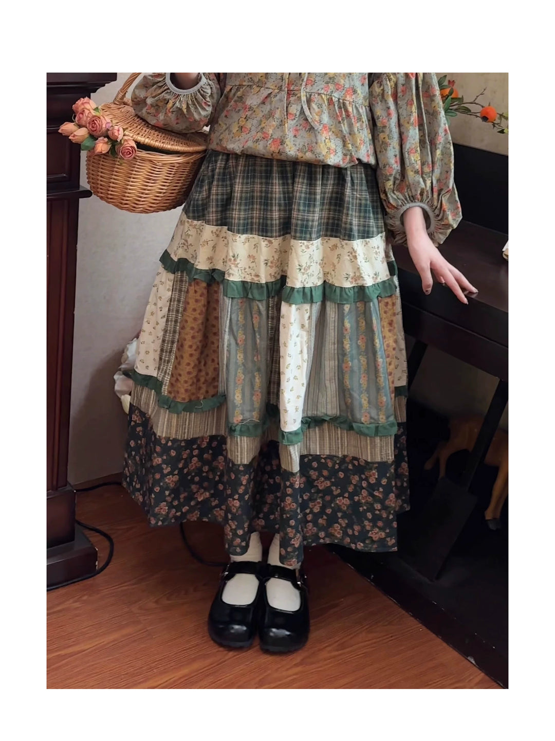 Mori Kei Skirt Retro Plaid Patchwork Floral Long Skirt 41800:714034