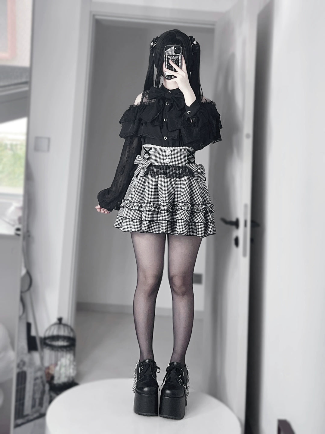 Jirai Kei Lace Skirt, Black Jacquard And Houndstooth Style 44163:801142