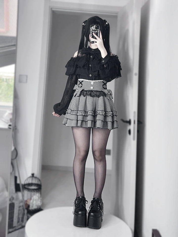 Jirai Kei Lace Skirt, Black Jacquard And Houndstooth Style 44163:801142