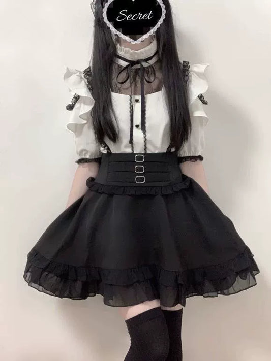 Jirai Kei Black Lace Strap Short Skirt 21742:314590
