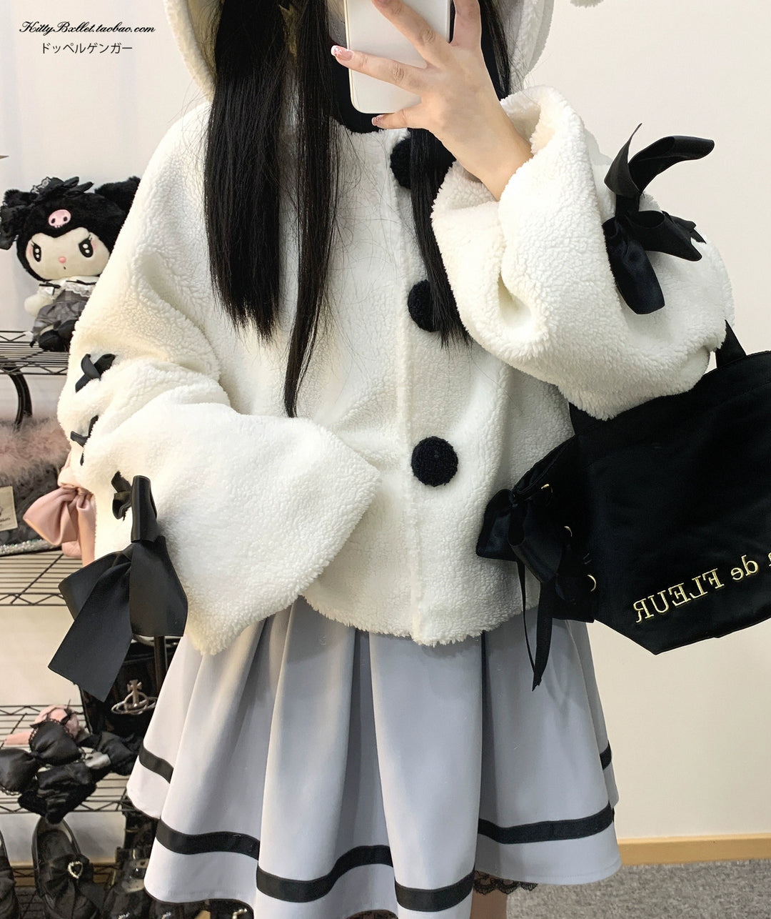 Jirai Kei Winter Coat White Black Plush Jacket With Rabbit Ear 31854:372624 31854:372624