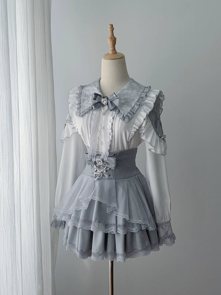 Ryousangata Long-Sleeved Blouse & Skirt Set, Lace & Rhinestone 46073:874688