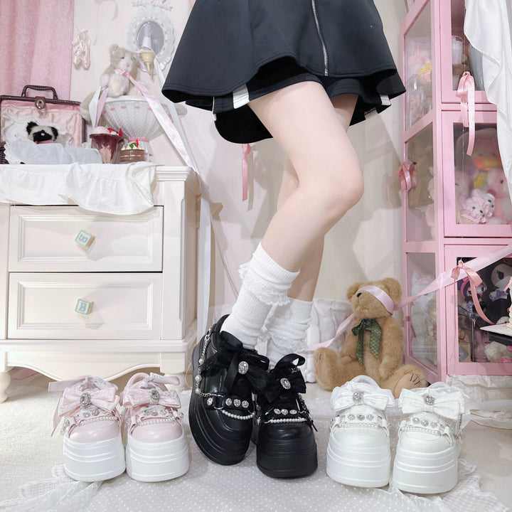 Jirai Kei Platform Shoes, Rhinestone & Pearl Chain 45866:868214
