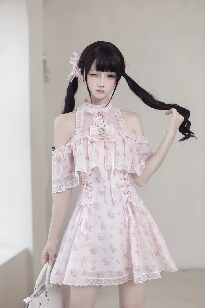 Pink Open Shoulder Ryousangata Dress, Floral Print 45289:846985