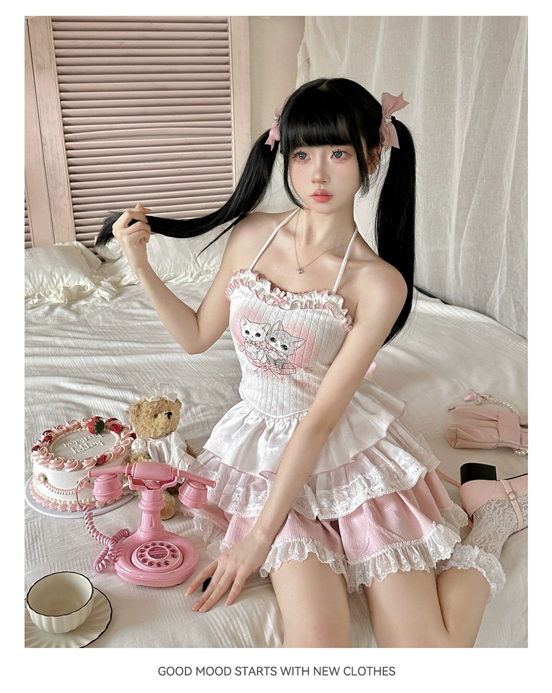 Ryousangata Skirt Set Pink Cardigan White Straps Top 37008:548372