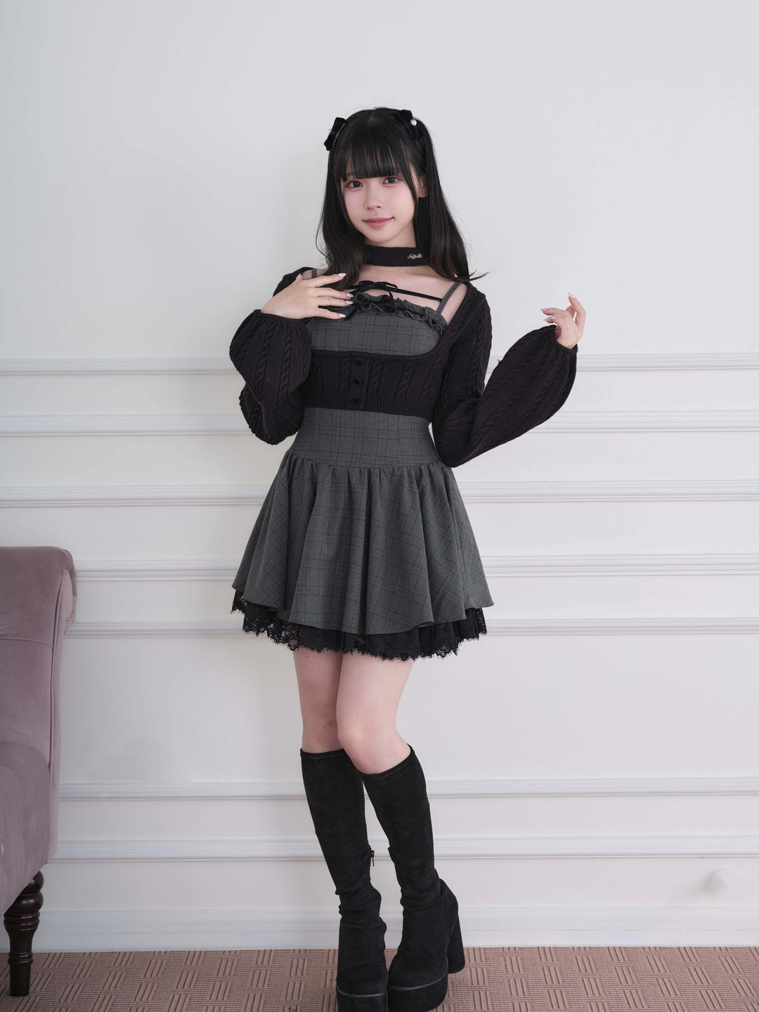 Ryousangata Plaid Dress & Knit Sweater Set, Choker-Neck 46032:873326