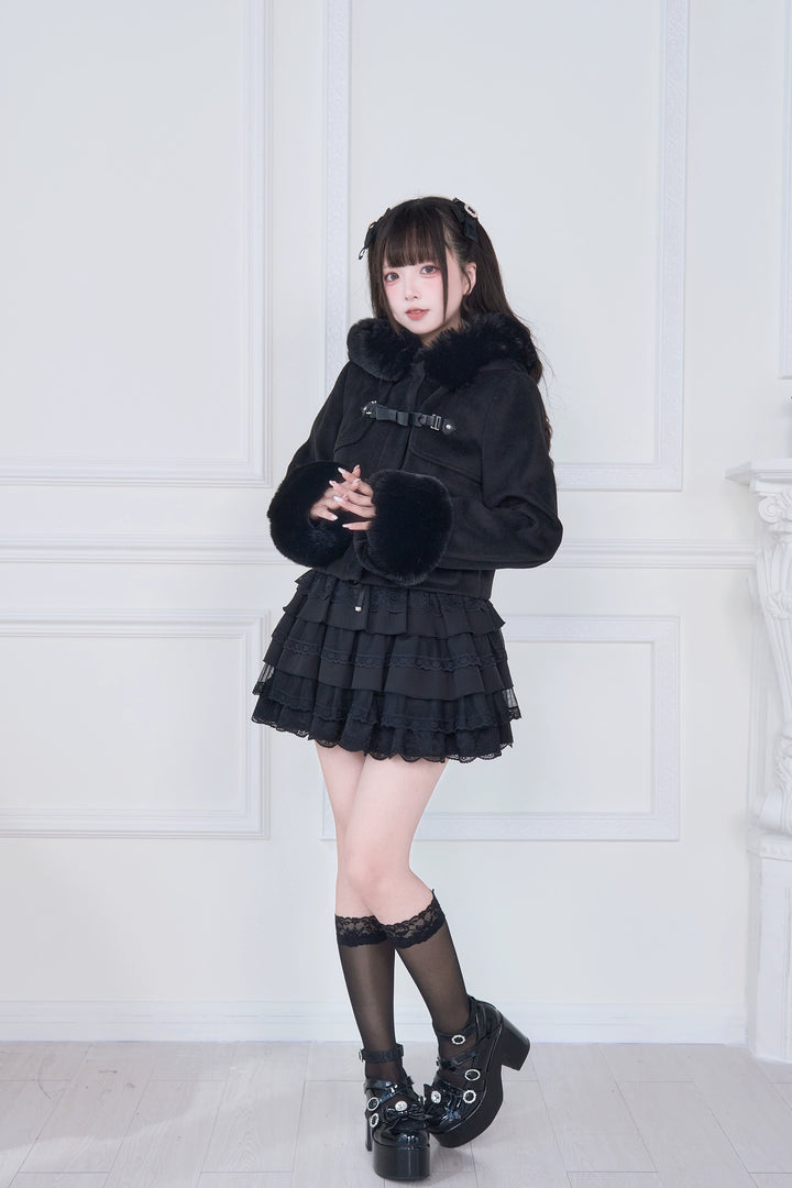 Hooded Rousangata Short Coat, Detachable Plush Cuffs 44116:796405