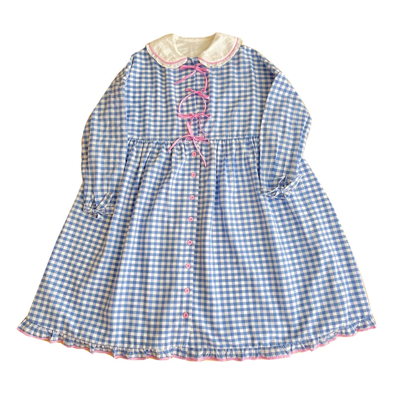 Oversized Mory Kei Dress Plaid Long Sleeve Dress Sweet Dress (F) 36168:517312