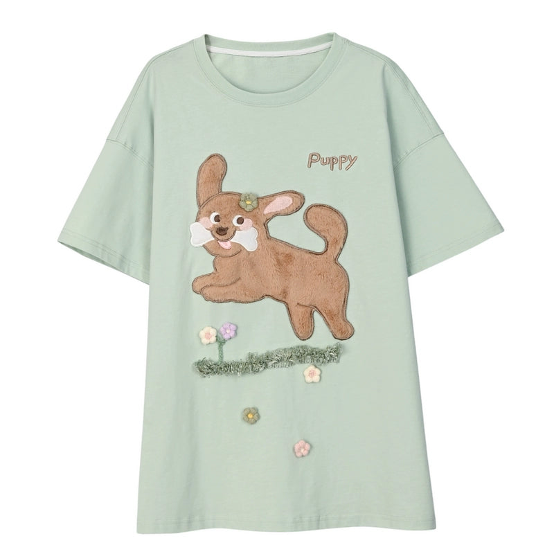 Kawaii T-shirt Short Sleeves Cotton Top Patch Embroidery (Green / L M S) 35896:559520