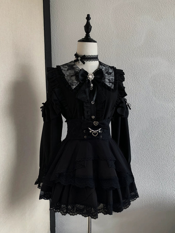 Jirai Kei Long Sleeve Blouse, Lace Open-Shoulder (L M S XL) 44588:815029