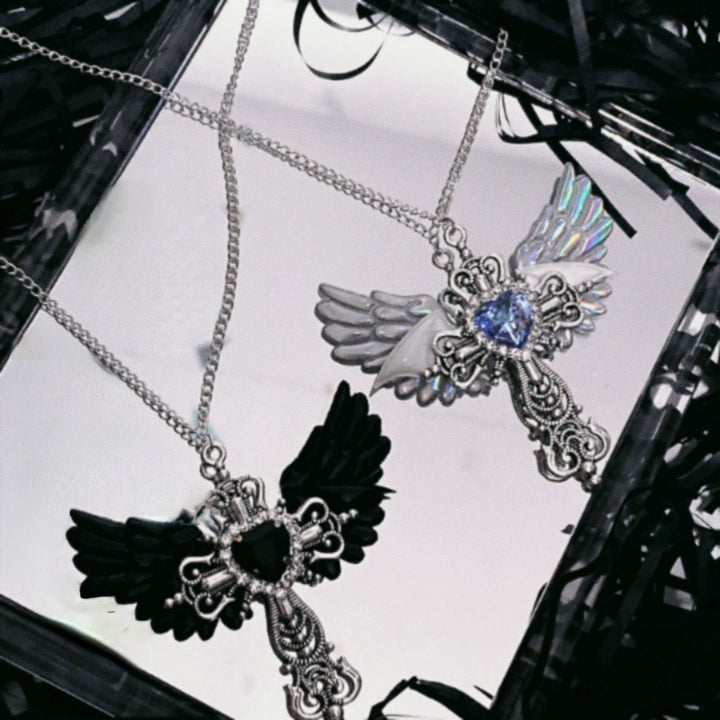 Y2K Jirai Kei Necklace Angel Cross Sweater Chain (black) 29316:356136 (black) 29316:356136