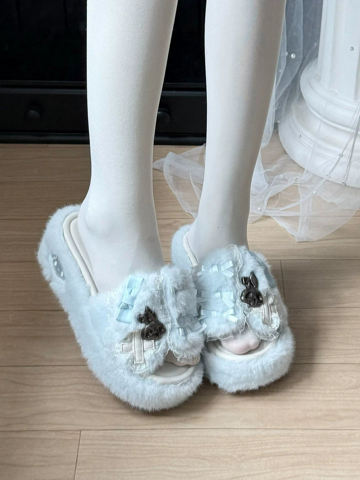 Jirai Kei Plush Wedge Platform Slippers, Bunny & Bow Accents (35 36 37 38 39 40 41) 45959:870526
