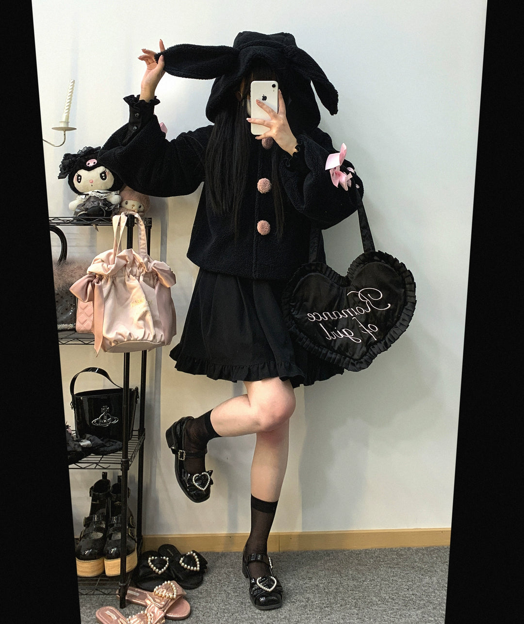 Jirai Kei Winter Coat White Black Plush Jacket With Rabbit Ear 31854:372616 31854:372616