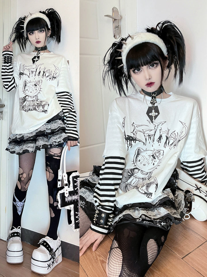 Punk Top Y2K Shirt False Two Striped Long Sleeve T-shirt 34484:538272 34484:538272