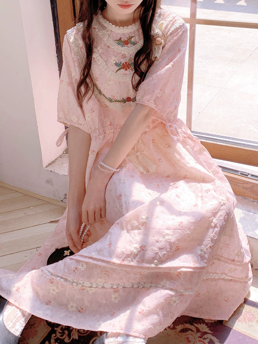 Mori Kei Dress Pink Floral Dress Short Sleeve Dress 36208:523632
