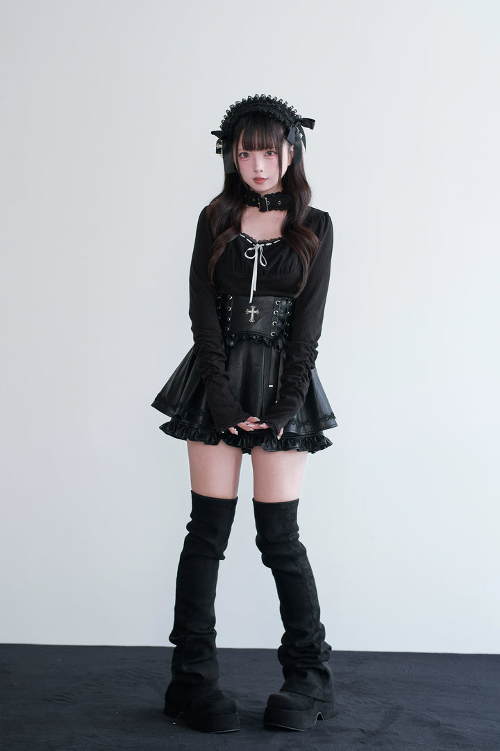 Jirai Kei Choker Top, High-Waisted Leather Skort 44327:805446