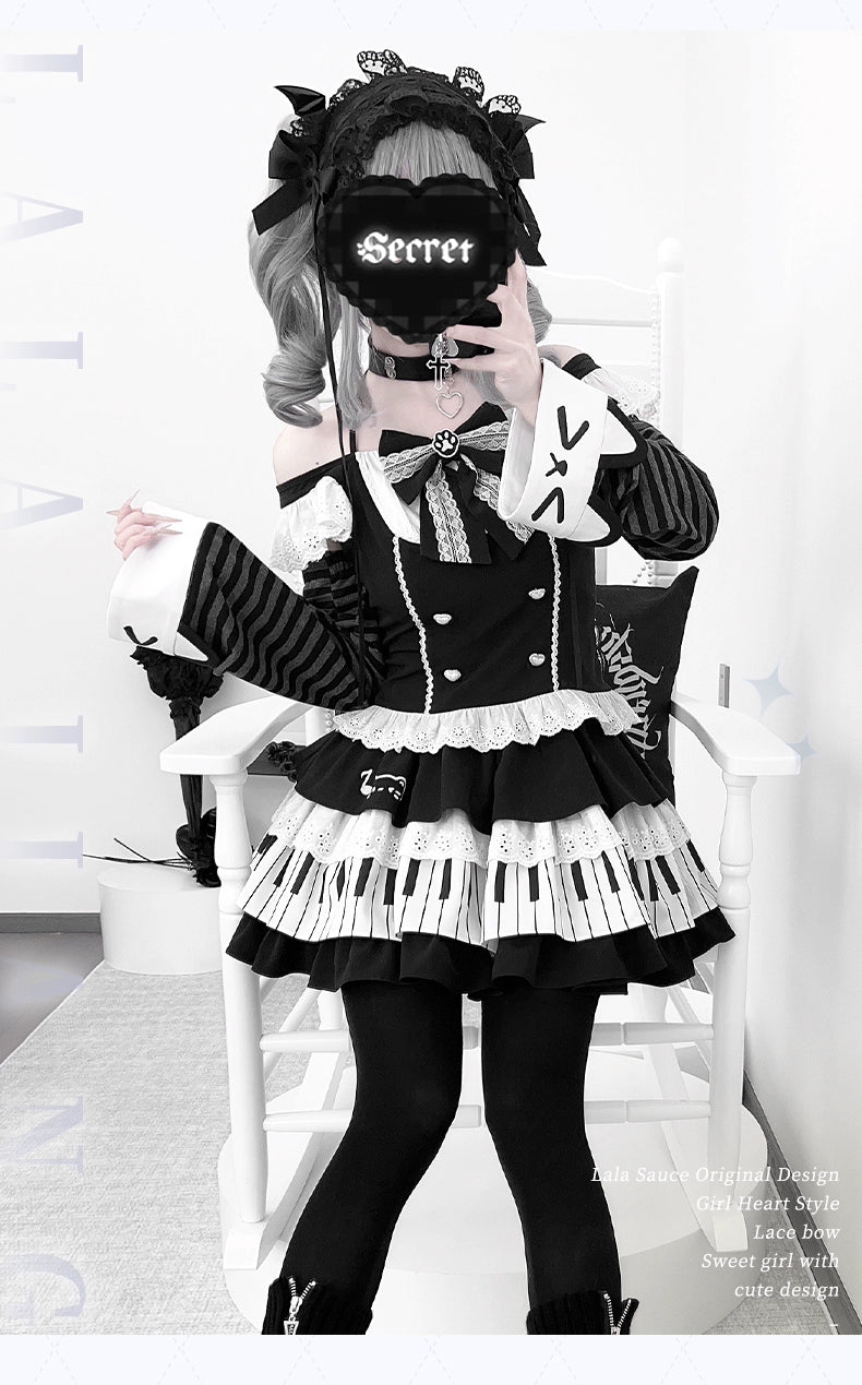 Halter Neck Kawaii Skirt Set, Cat and Piano Print 43577:780190