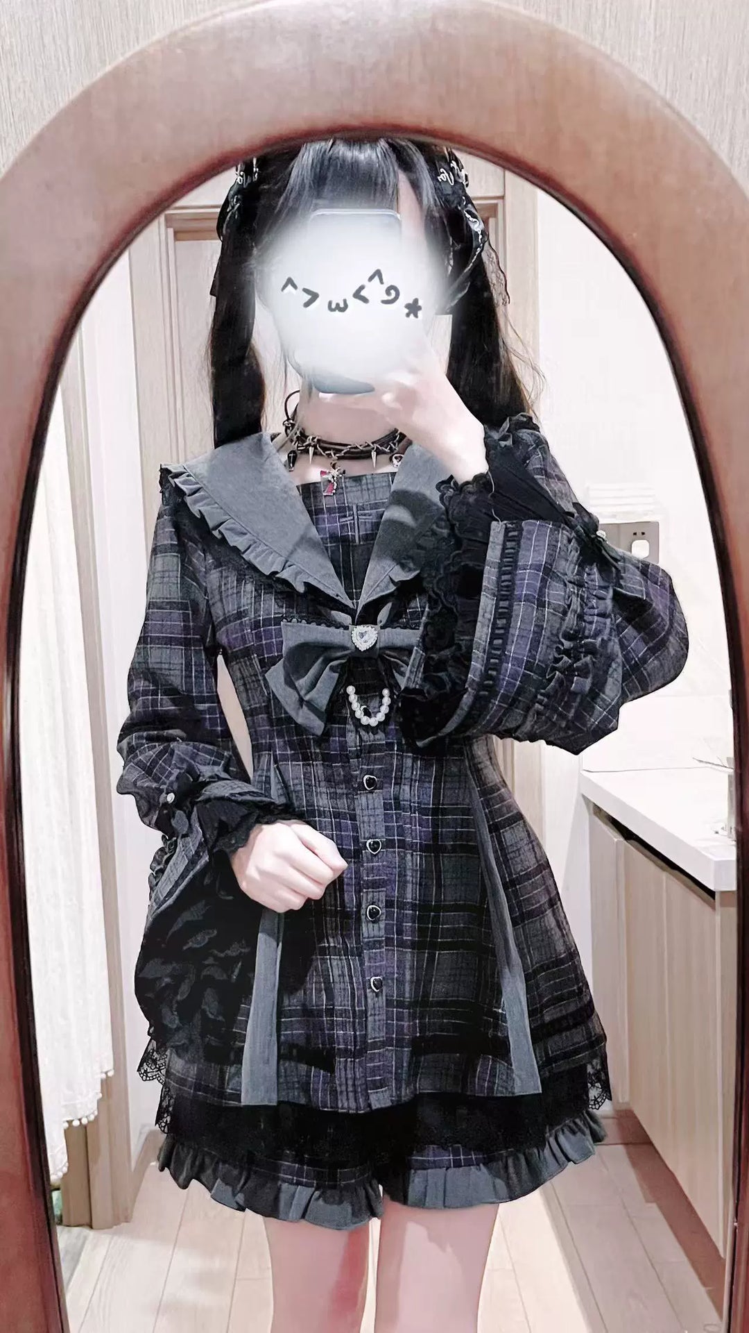 Plaid Jirai Kei Dress Set, Shorts with Side Pockets 44330:805039