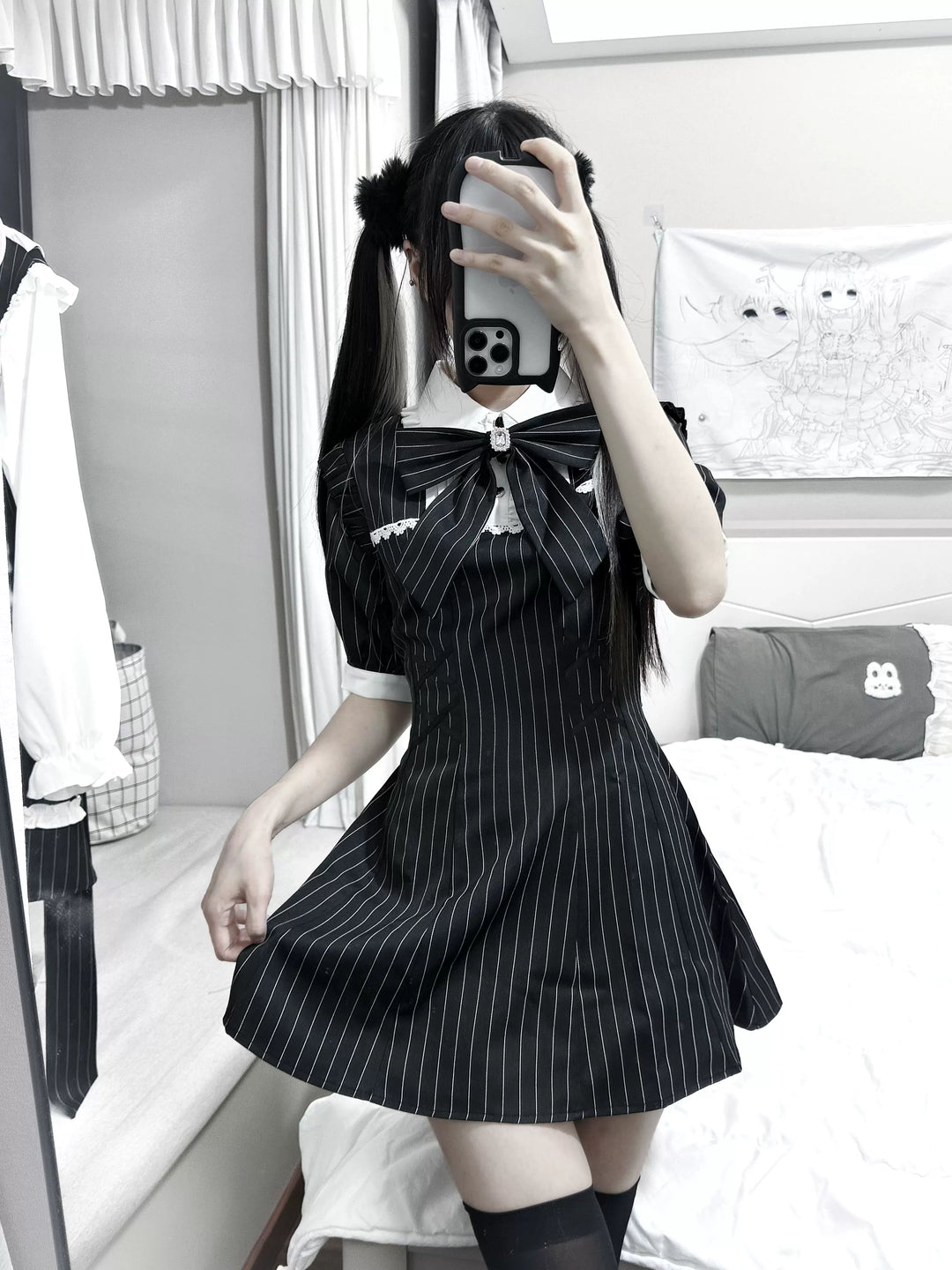 Jirai Kei Striped Short Sleeve Dress, Detachable Bow Tie 45798:862897