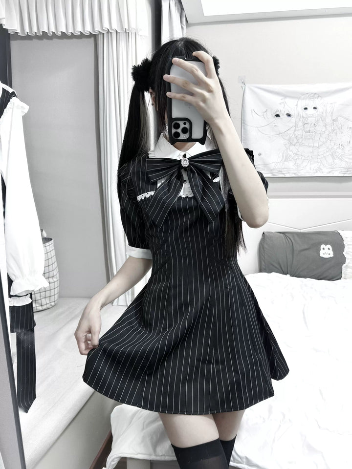 Jirai Kei Striped Short Sleeve Dress, Detachable Bow Tie 45798:862897