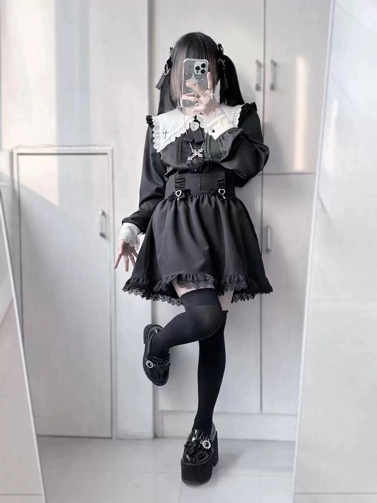 Jirai Kei Set Black Pink Sailor Collar Blouse Cross Skirt (L M S XL) 37666:564464