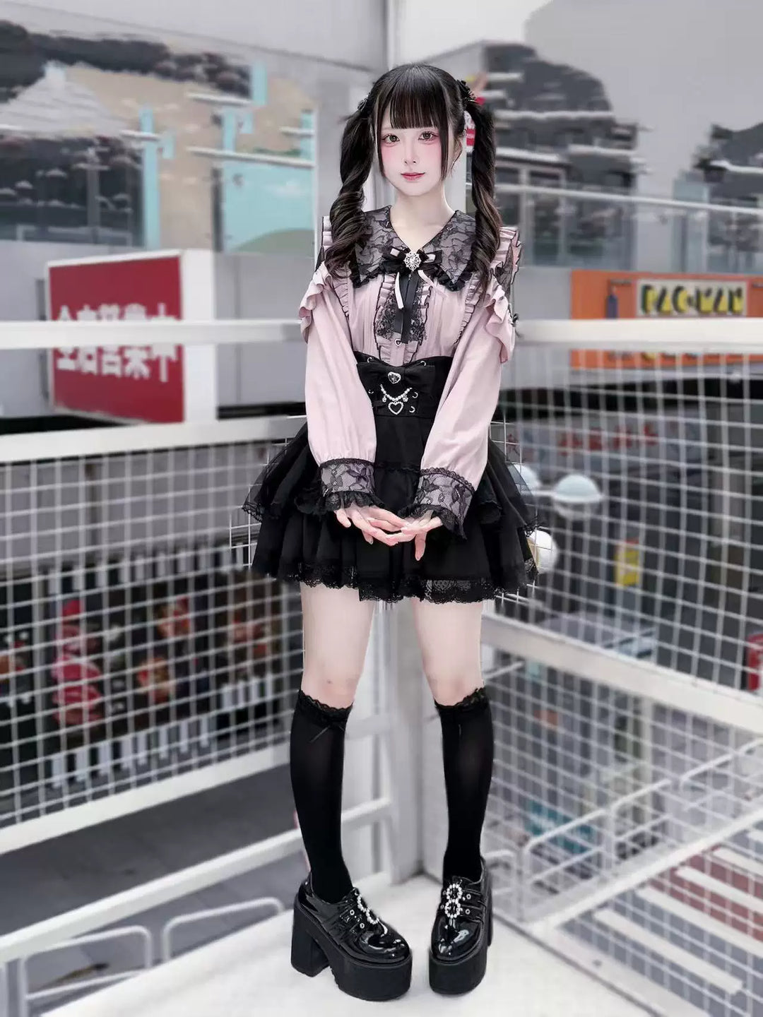 Jirai Kei Long Sleeve Blouse, Lace Overlay and Heart Buttons 44589:815198