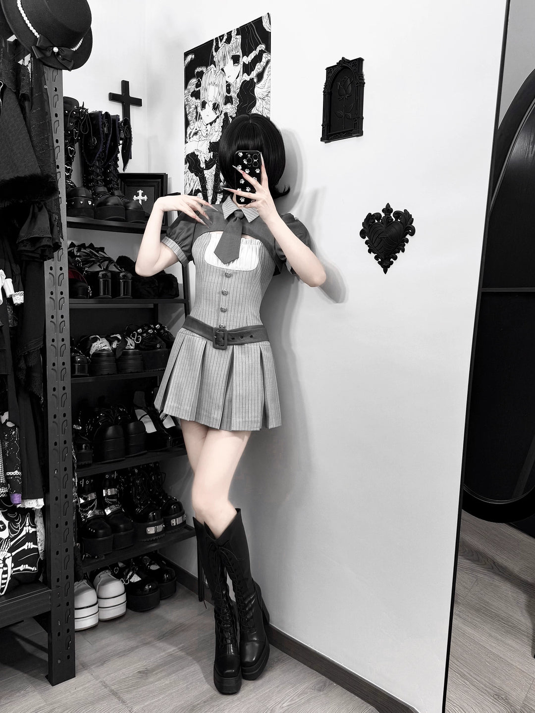 Jirai Kei Gray Striped Dress, Puff Sleeve Bolero 44808:829286