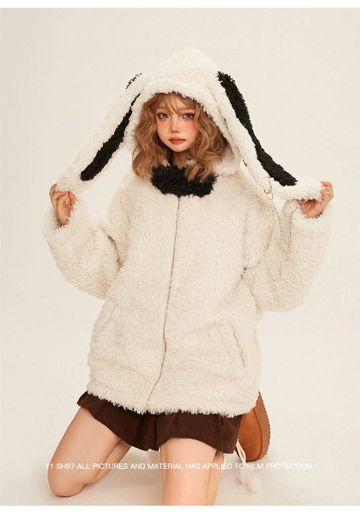 Kawaii White Coat Plush Rabbit Ear Hooded Coat 32398:423010 32398:423010