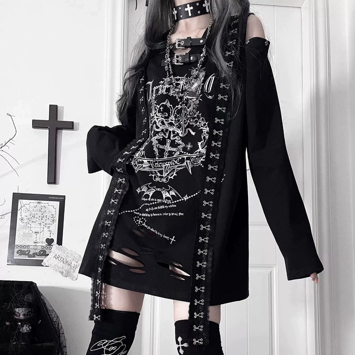 Subculture Long-Sleeved T-shirt, Belted Neck 44563:816470