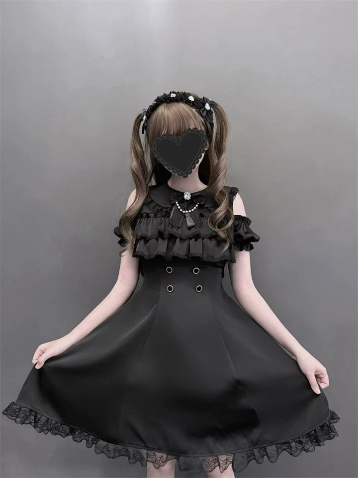 Jirai Kei Open Shoulder Dress, Layered Chest Ruffles 45366:847753
