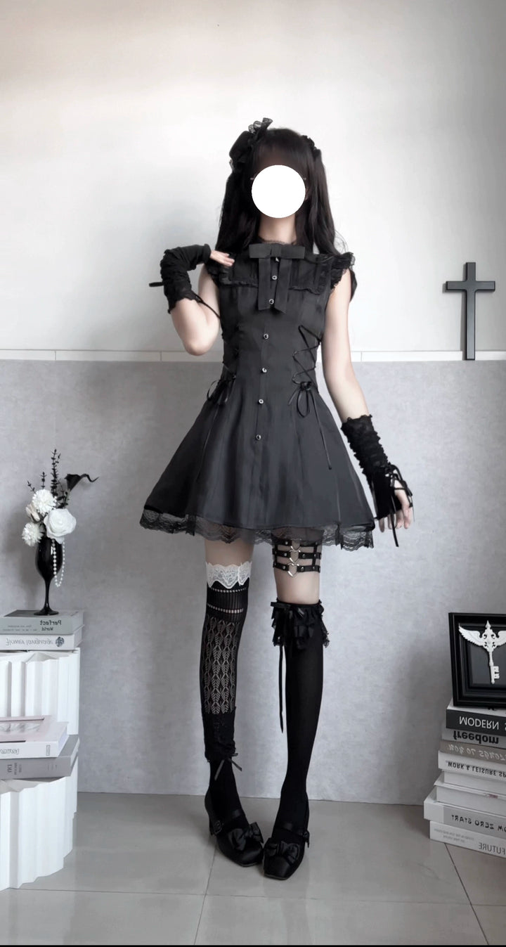 Daily Ruffle Shoulder Dress, Waist Lace-Up 44169:798698