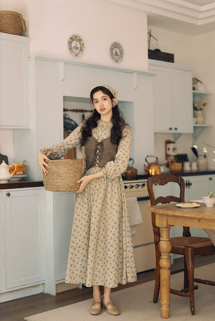 Cotton Mori Kei Outfit Set Floral Long Dress & Vintage Vest 42620:746931