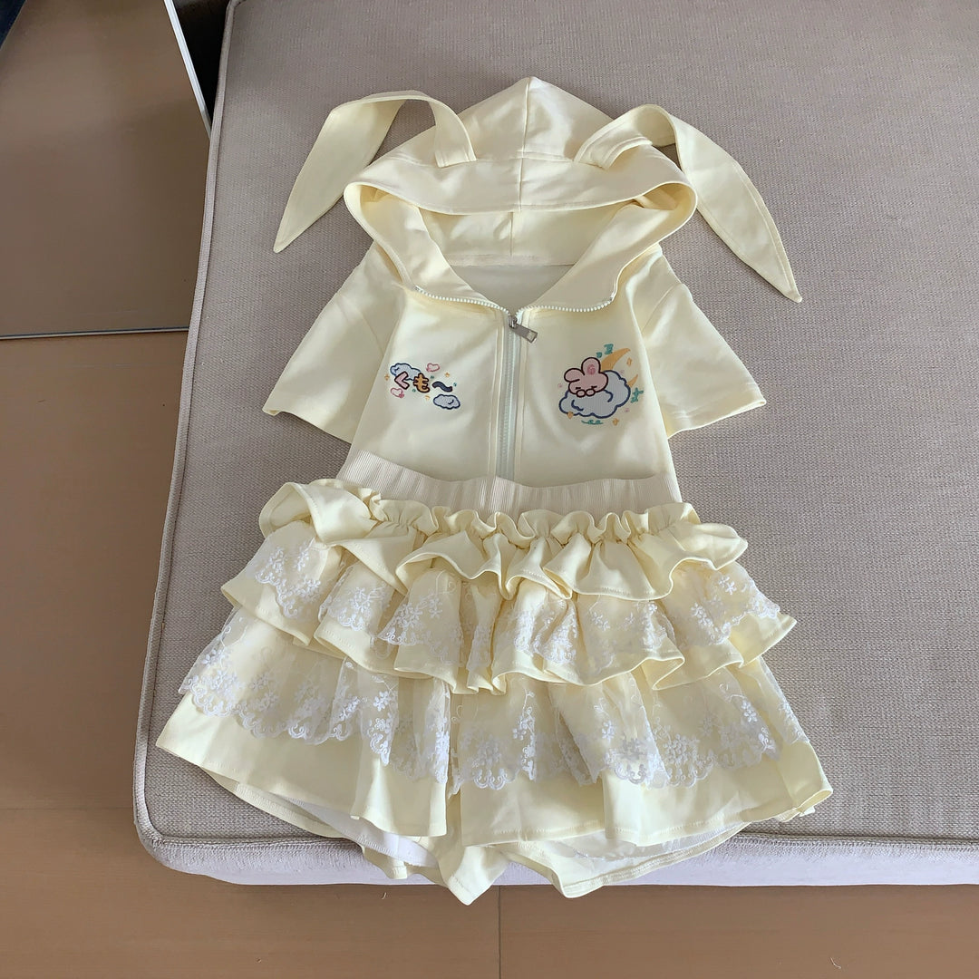 Bunny Eared Kawaii Zip Up Sweatshirt + Lace Skirt (L M S) 43562:779971